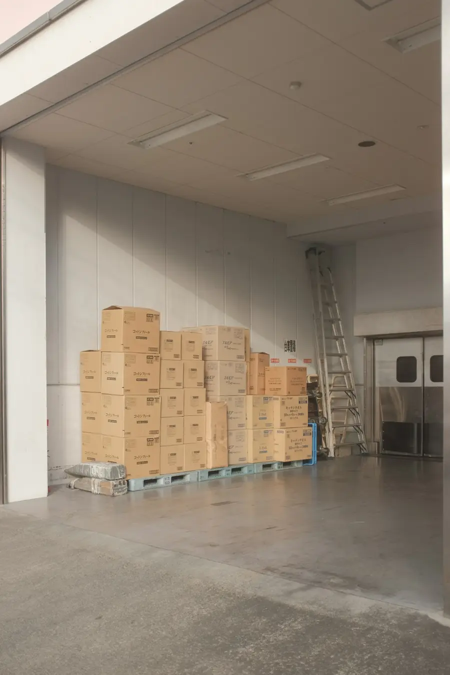 Cartons stacked on pallets at a warehouse loading door